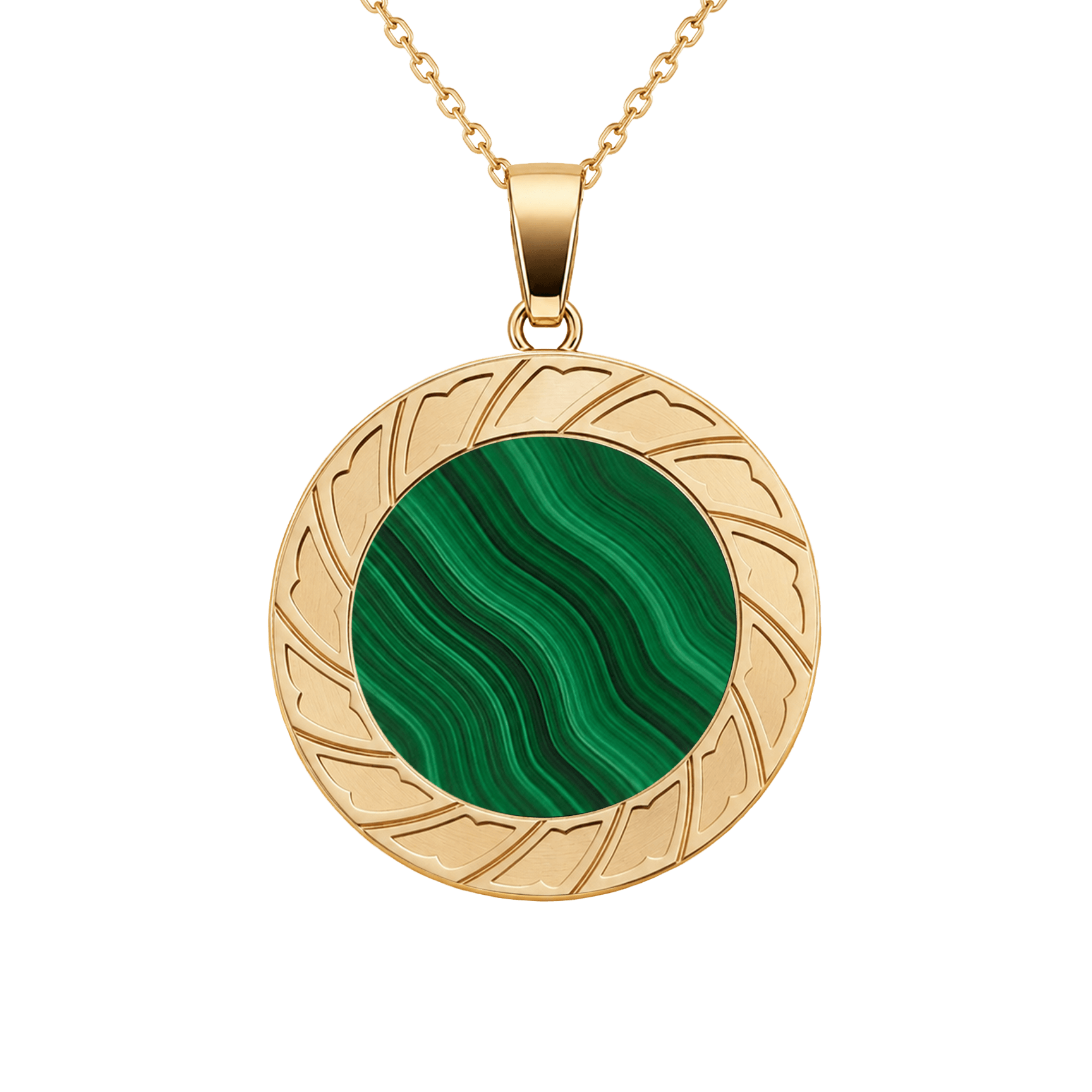 Zaven Malachite large pendant in yellow gold with a banded green mineral disk. Pendentif en or. Ciondolo d'oro