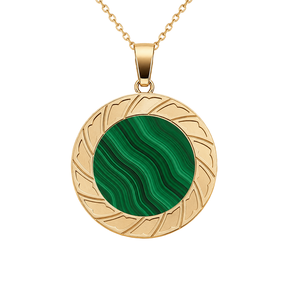 Zaven Malachite large pendant in yellow gold with a banded green mineral disk. Pendentif en or. Ciondolo d'oro