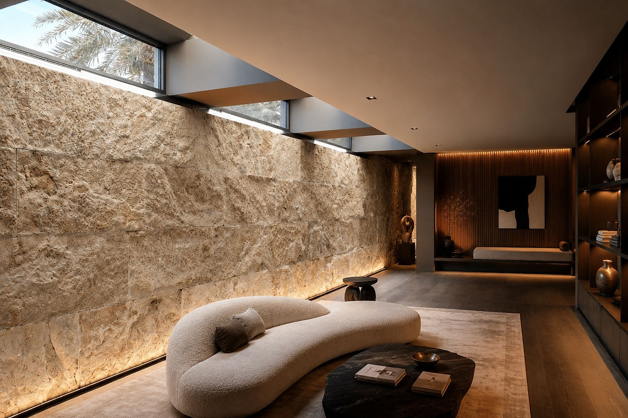     Exterior Travertine split face stone cladding for residential architecture