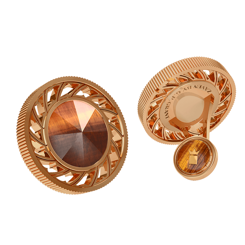 Pyramid cufflinks in Sterling Silver and Yellow Gold with dynamic Tiger Eye, luxury accessory for men. Manschettenknöpfe