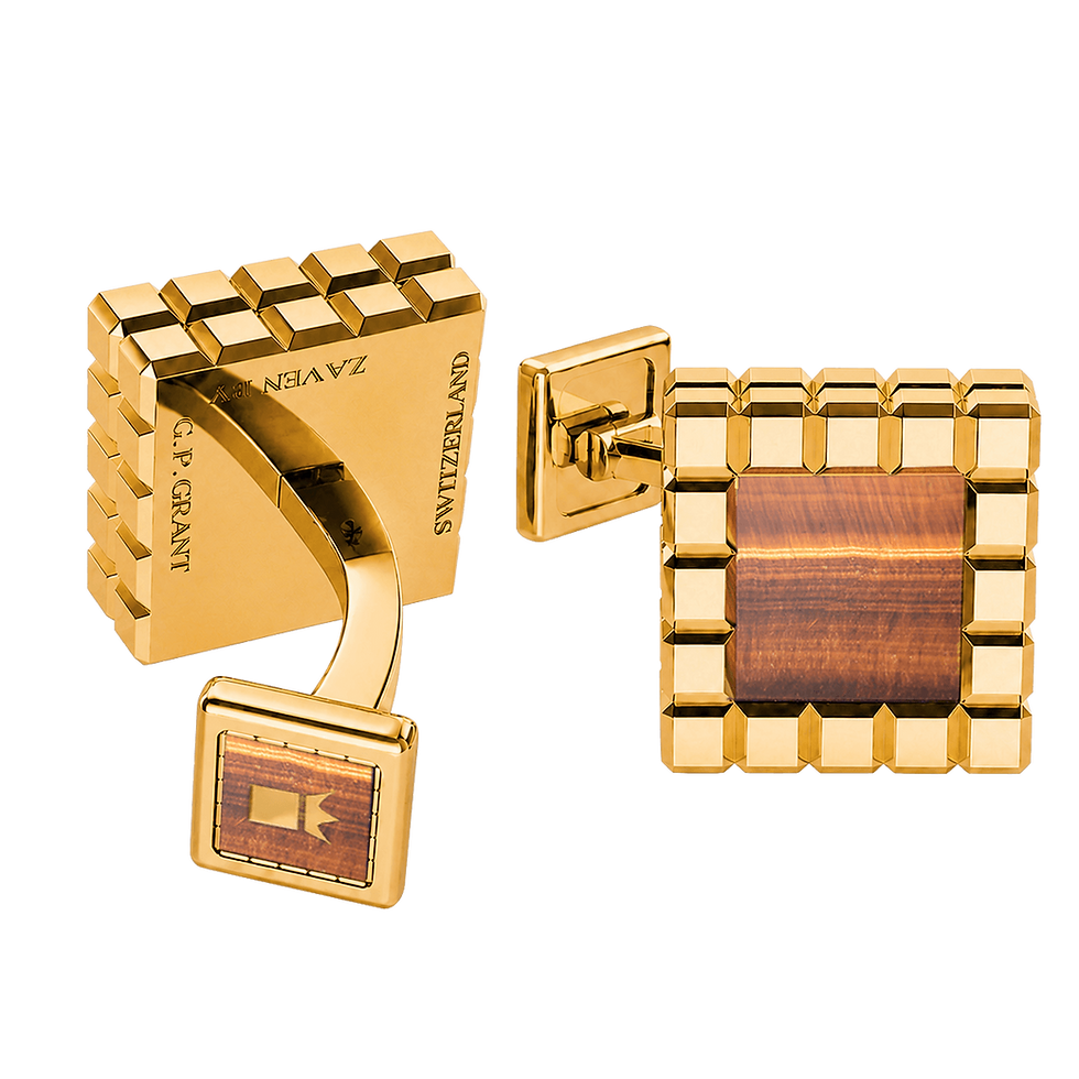 5x5 cufflinks in Sterling Silver and Yellow Gold with natural Tiger Eye, geometric architectural luxury men's accessory.