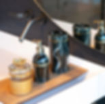 **Elevate your bathroom with the Marmo Set: Handcrafted soap dish, soap dispenser, and highball glass, all featuring a luxuri