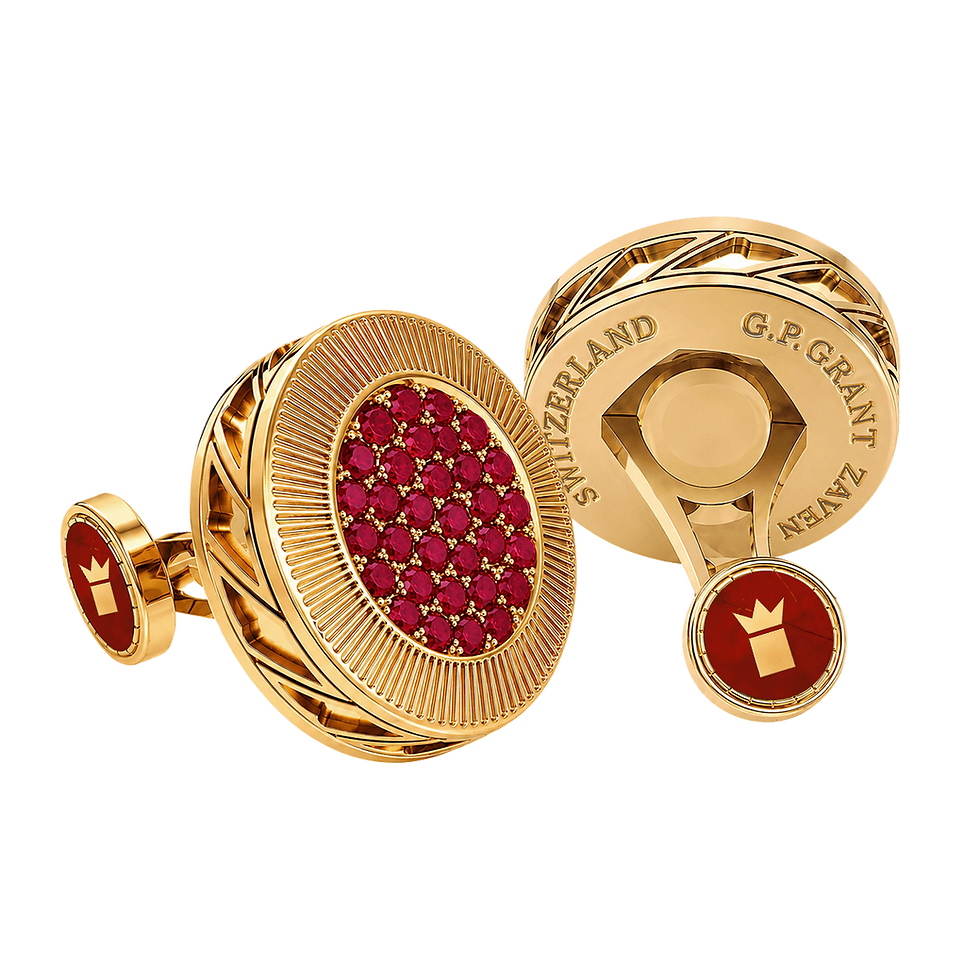 Regal cufflinks in 18K Yellow Gold featuring a hand-carved Red Jasper base and a crown set with vibrant rubies أزرار أكمام
