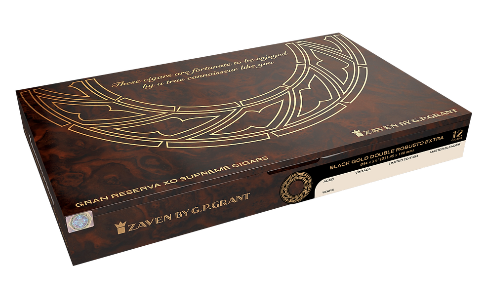 Cigar box with elegant gold patterns and text on a brown marbled surface. Labels read "Gran Reserva XO Supreme Cigars" and "Zaven by G.P. Grant."