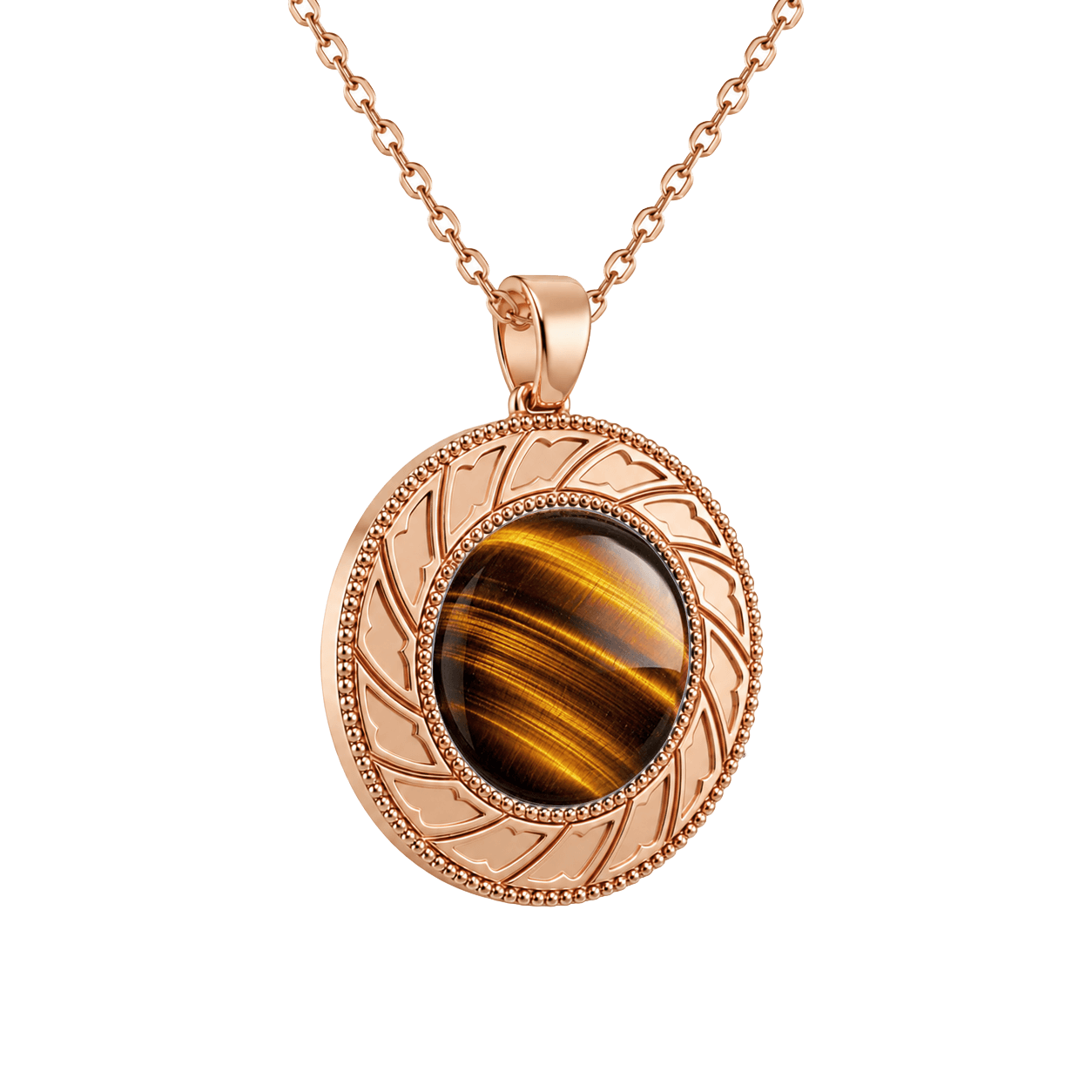 Zaven Tiger's Eye rose gold pendant featuring a polished honey-brown mineral center. Ciondolo d'oro. Colgante de oro