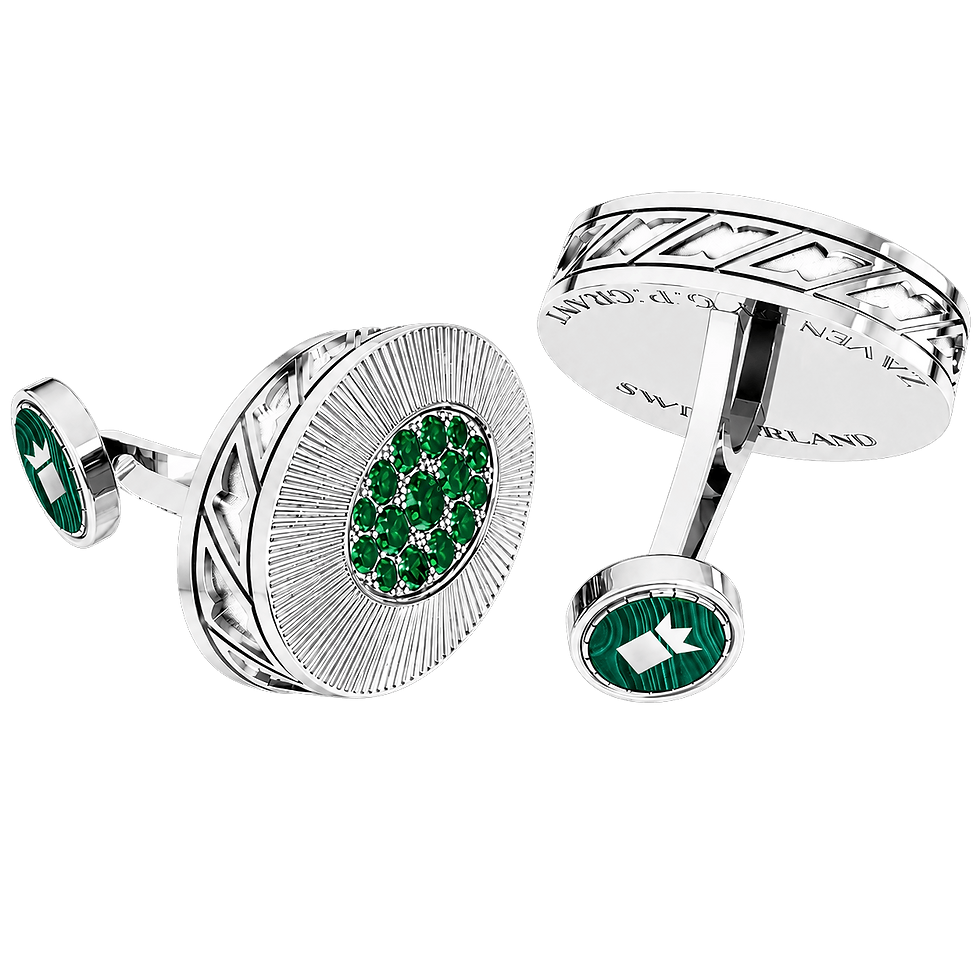 Vintage cufflinks in 18K White Gold, showcasing the high-contrast pairing of vibrant green emeralds and deep green malachite.