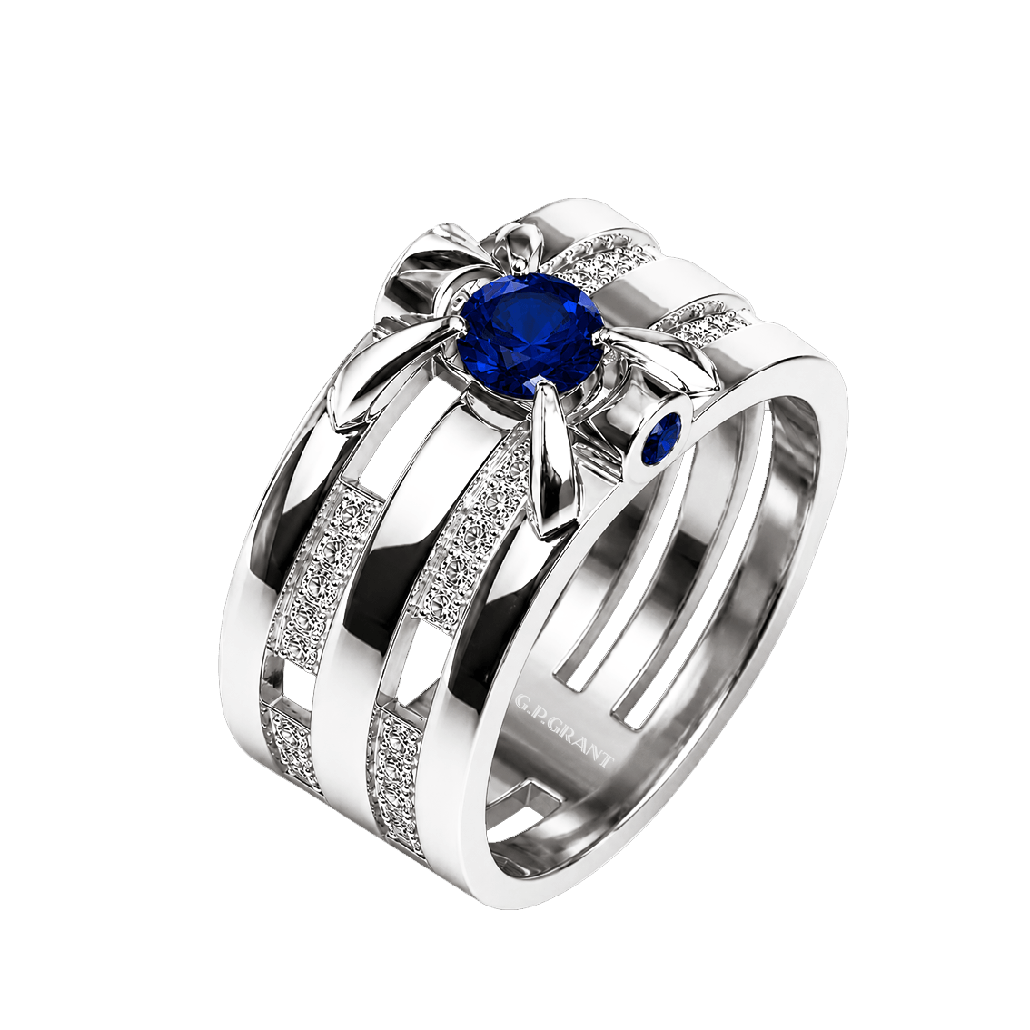gold rings for women. white gold Erika ring with blue sapphire and diamond side rows. خاتم من السافير. Anillo de Zafiro