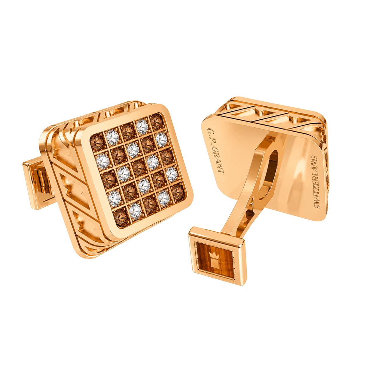 Zaven Grid cufflinks in Rose Gold featuring chatoyant Tiger Eye and brilliant-cut Diamonds, luxury accessory for men.