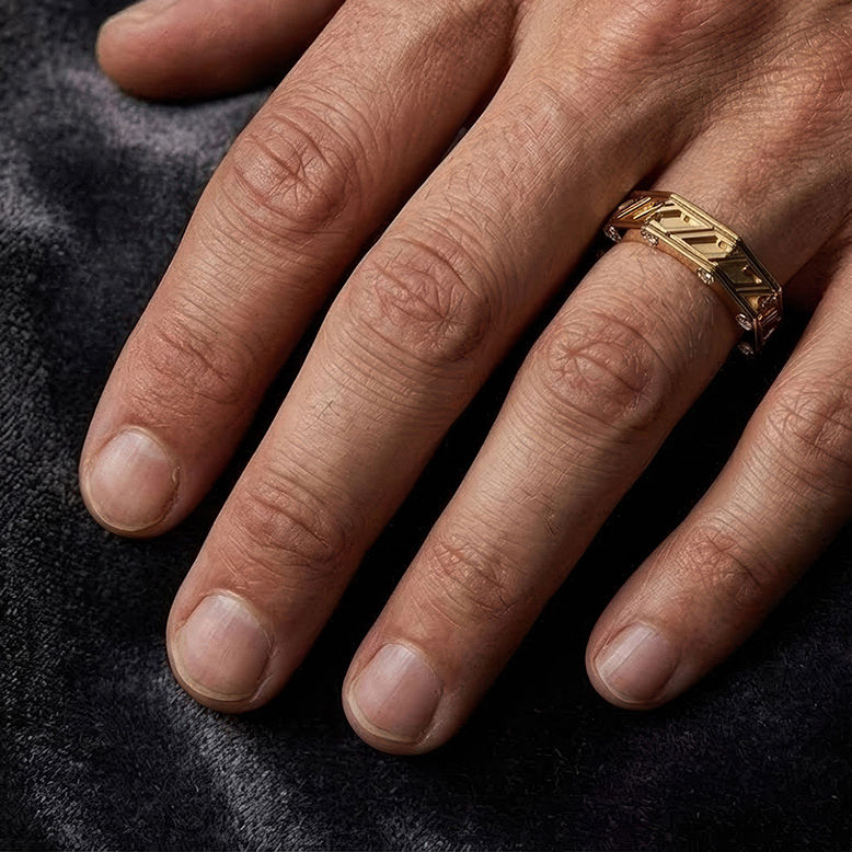Miniaturbild: Architectural yellow gold Zaven Octet diamond ring styled as a bold wedding band on a man's hand