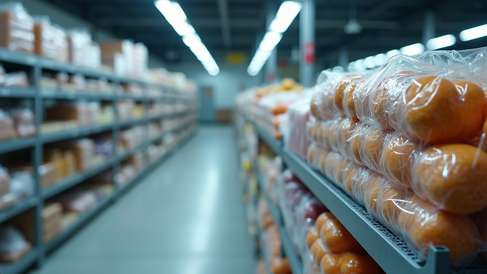 High angle view of frozen food products in a cold storage facility