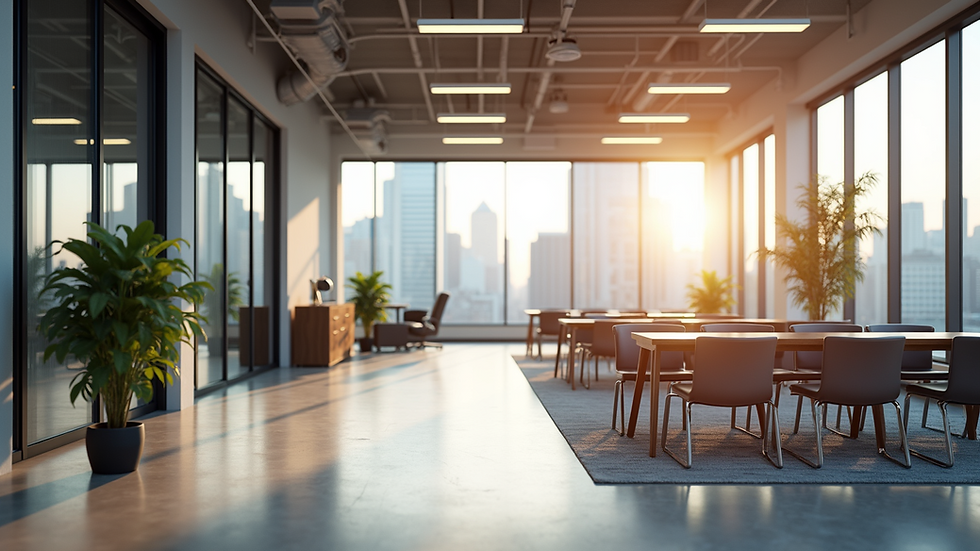 Eye-level view of a modern office space with flexible seating arrangements