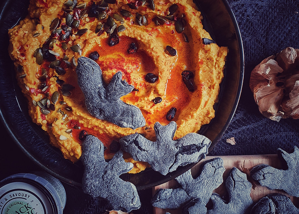 Pumpkin Hummus and Black Garlic Bat Pitta