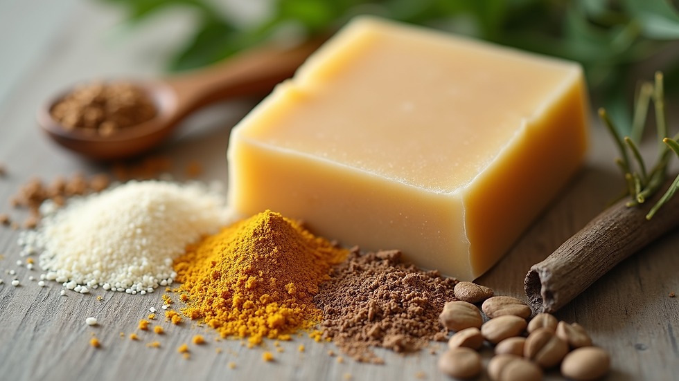 High angle view of natural soap ingredients including oils, herbs, and clays