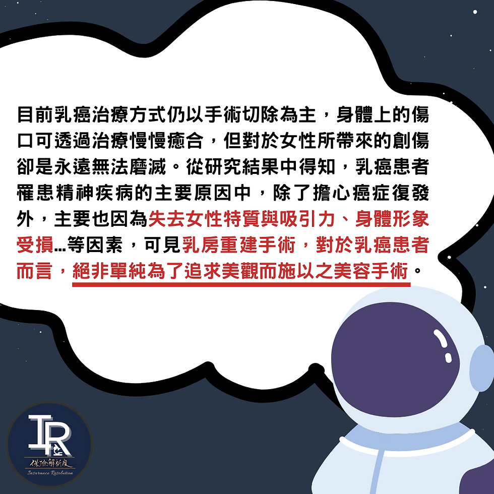 目前乳癌治療方式仍以手術切除為主，身體上的傷口可透過治療慢慢癒合，但對於女性所帶來的創傷卻是永遠無法磨滅。從研究結果中得知，乳癌患者罹患精神疾病的主要原因中，除了擔心癌症復發外，主要也因為失去女性特質與吸引力、身體形象受損...等因素，可見乳房重建手術，對於乳癌患者而言，絕非單純為了追求美觀而施以之美容手術。