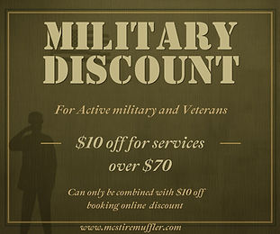 Military discount for active military and veterans: $10 off services over $70, combinable with online booking discount.
