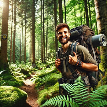 a happy backpacker deep in the forest enjoying his journey