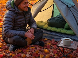 A realistic early-fall campsite scene in warm golden evening light. A solo backpacker wearing a lightweight puffy jacket, beanie, and warm socks sits beside a small tent pitched on a mid-slope surrounded by colorful autumn leaves. The tent door is open, showing a sleeping pad and sleeping bag inside. A mug of steaming coffee rests nearby on a small camp table. The background shows soft hills and trees just starting to change color. The scene feels calm, inviting, and captures the contrast between the day’s lingering warmth and the cool night ahead.