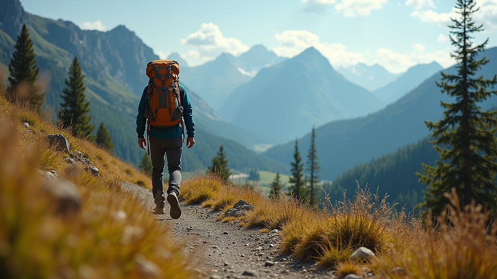Eye-level view of a lone backpacker walking on a mountain trail