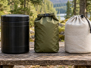 AI gear comparison, left to right: rigid canister, olive ordinary food sack, and white woven soft-container illustration. No depicted model is certified or locally approved by this image.