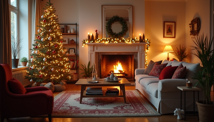 Eye-level view of a cozy living room decorated with holiday lights and ornaments