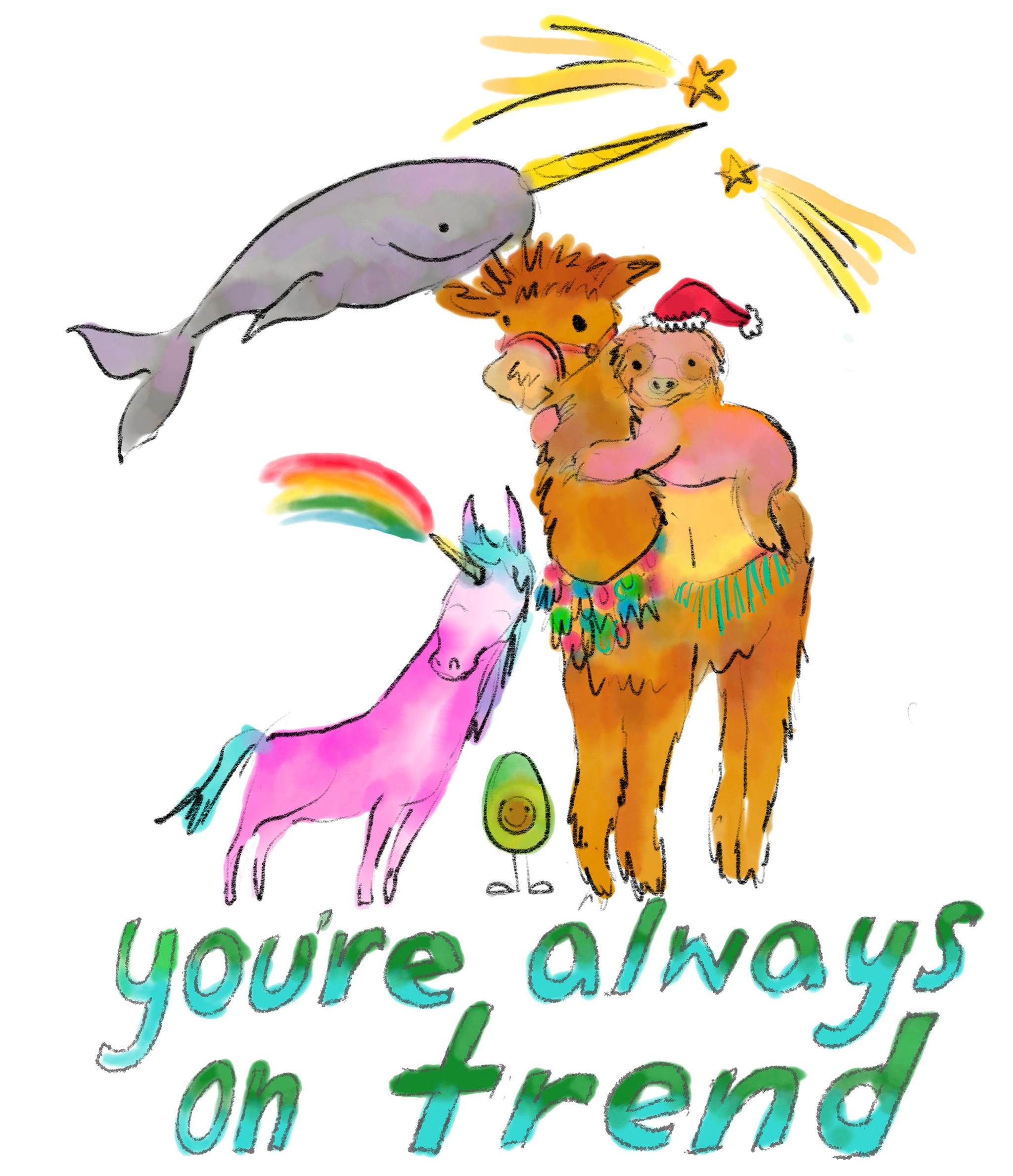 narwhal, avocado, unicorn, llama, sloth, shooting stars, greeting card, illustration, humor, hand type