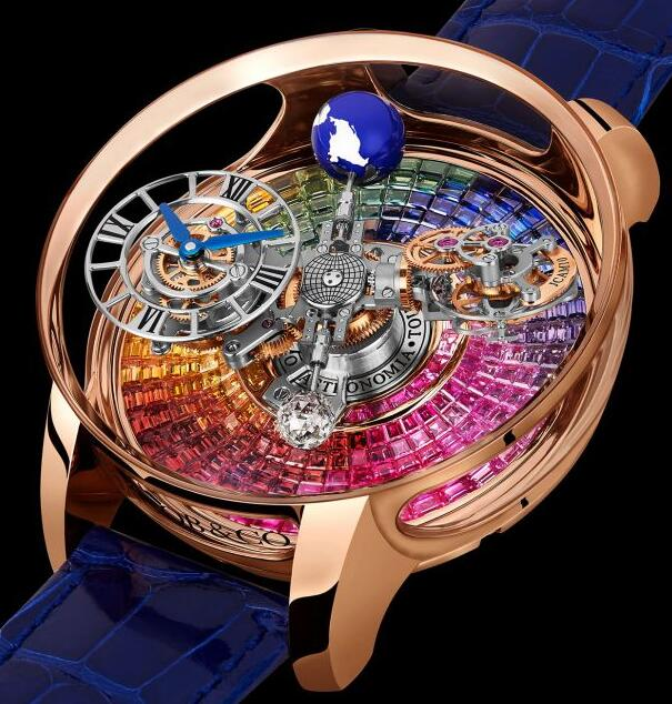 Jacob & Co. ASTRONOMIA TOURBILLON BAGUETTE RAINBOW SAPPHIRES Watch Replica AT100.40.AC.UR.A content media