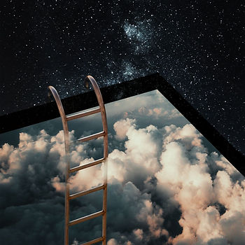 the floor is space and there is a square hole in the floor that reveals the sky and clouds below and a ladder coming up through it