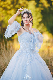 Dezeray gracefully adjusting her tiara in the middle of a nature-filled landscape.