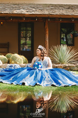 Reina sitting on the grass in her royal blue quinceanera gown, with cactus plants and her reflection visible in a puddle in the foreground.