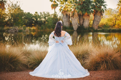 Dezeray from behind, showcasing the details of her dress and hairstyle, with the lake and palm trees in the background.