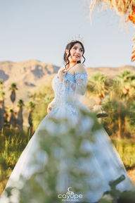 Dezeray twirling gracefully with mountains and palm trees in the background at Agua Caliente Park, highlighting her gown.