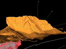 Vista en 3D de los contornos de la mineralización y labores de preparación de la mina Rosaura