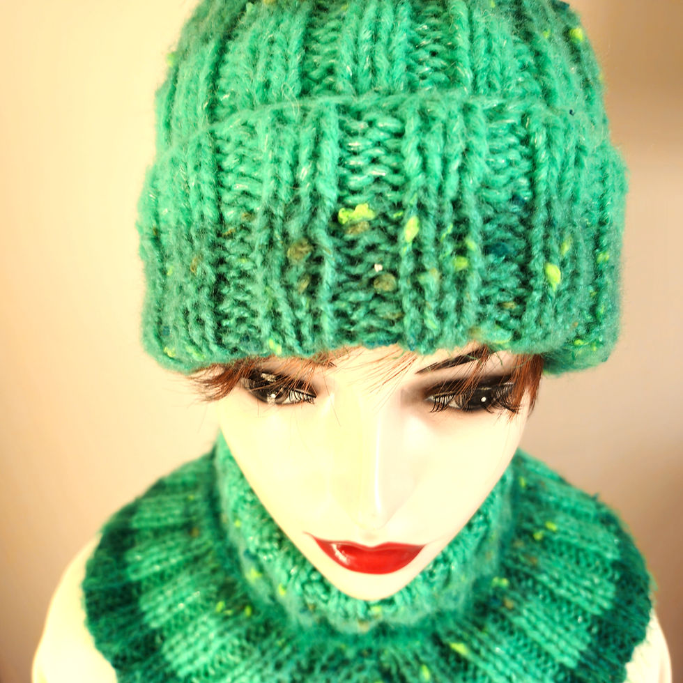 Thumbnail: Striped Knit Hat & Neck Warmer Set: Green Turquoise Pom-Pom Beanie
