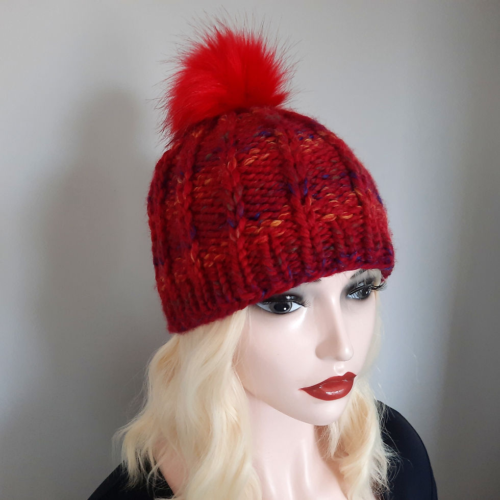 Thumbnail: Burgundy Knit Beanie, Real Fur Pom, Extra Pom Included