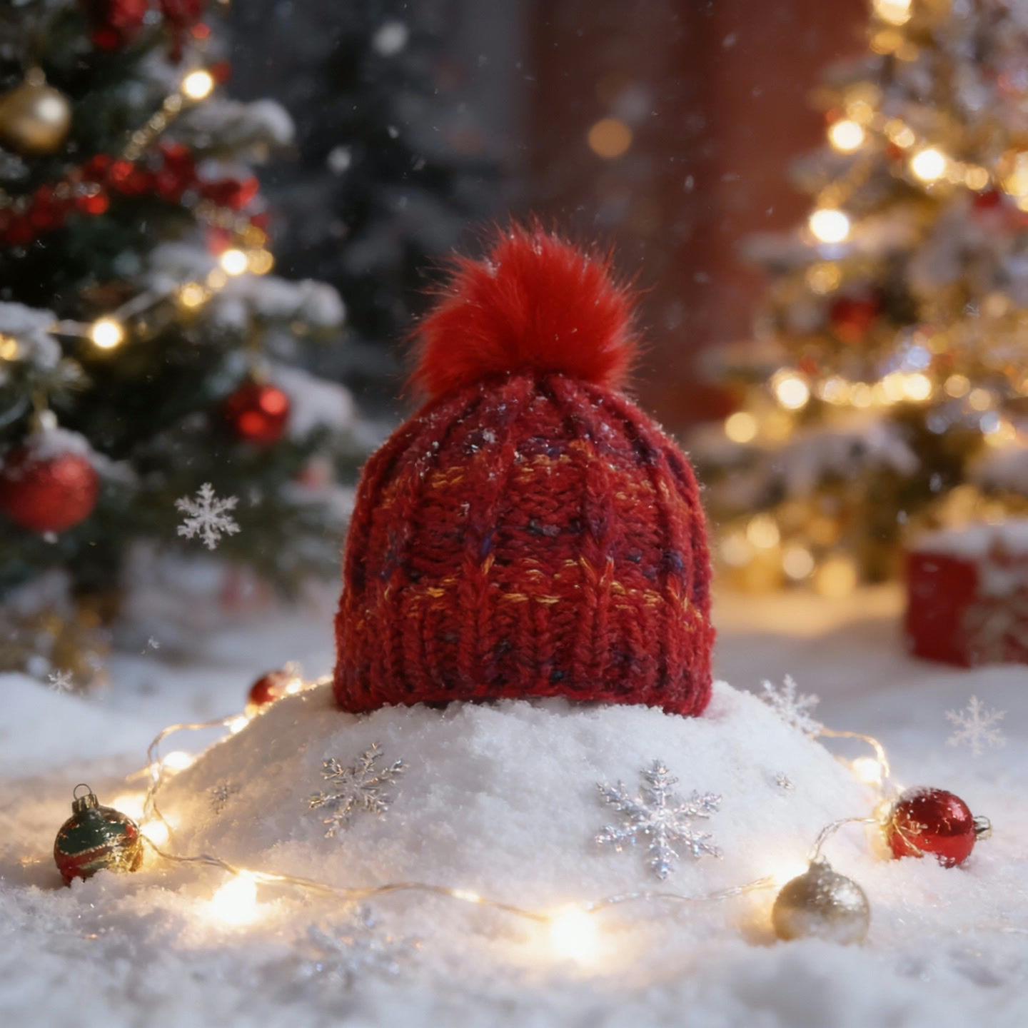 Burgundy Knit Beanie, Real Fur Pom, Extra Pom Included