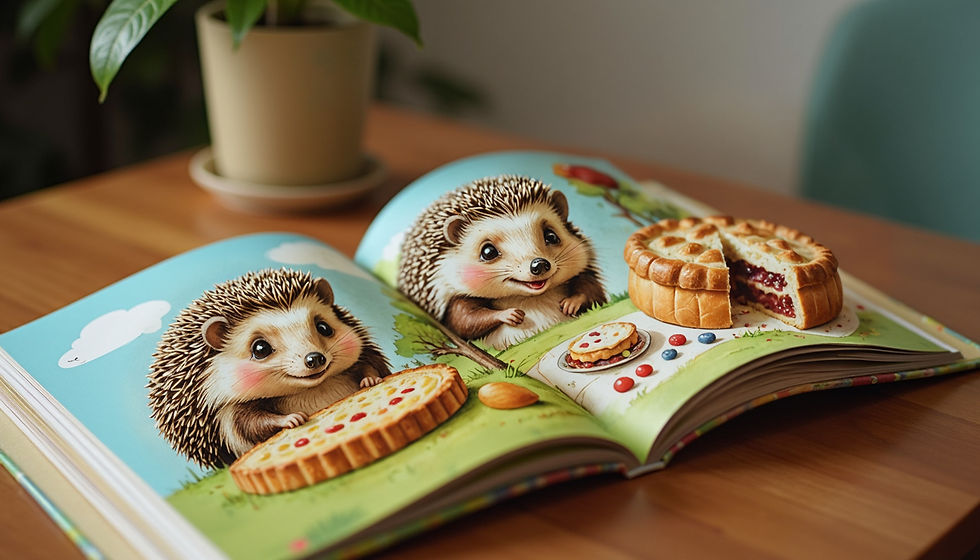 Eye-level view of a colorful children's book open on a wooden table with illustrated animals