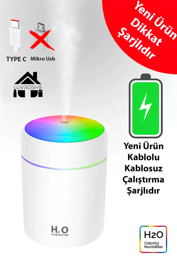 Şarjlı H2o 300 ml Ultrasonik Hava Nemlendirici Ve Aroma Difüzörü Type C Girişli