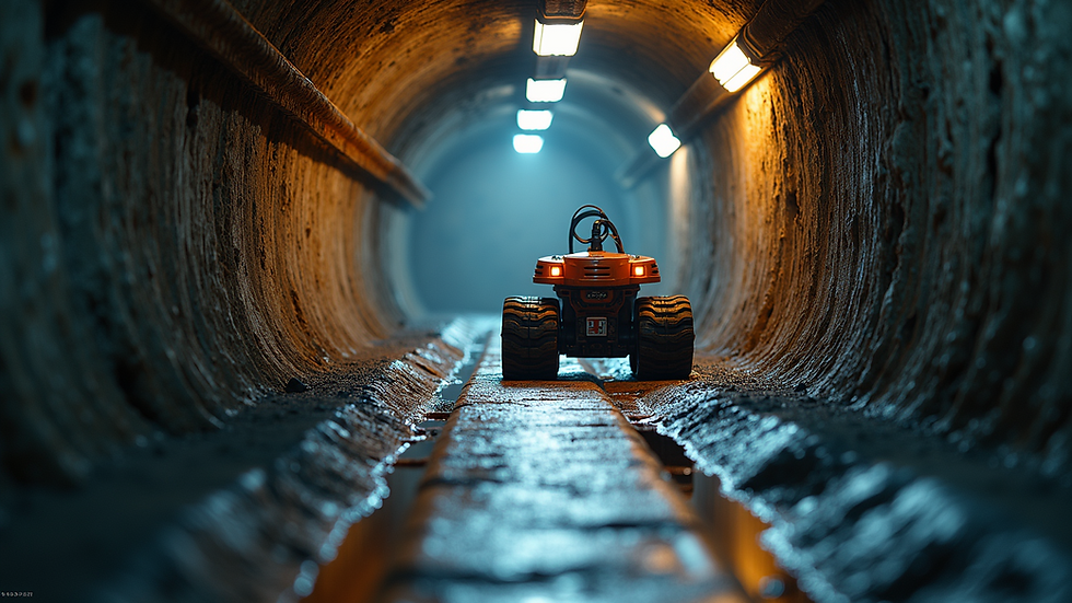 Eye-level view of a sewer inspection site with a robotic inspection vehicle