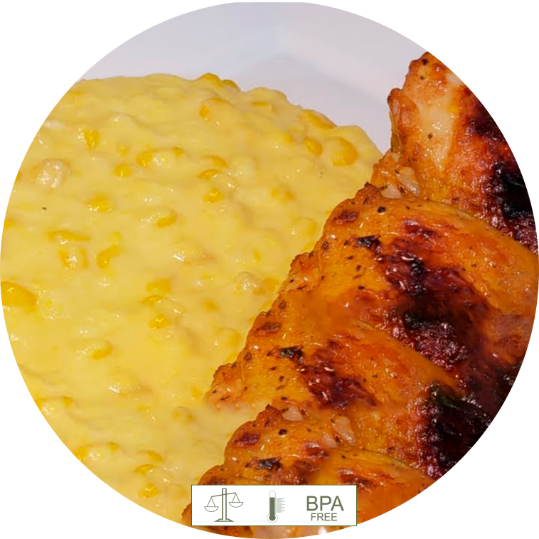 Sobrecoxa assada com de creme de milho e pure de abóbora 240g I