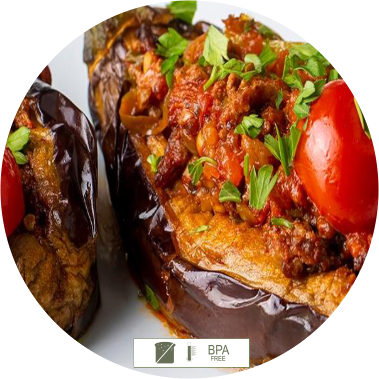 Berinjela de carne moida brocolis, tomate cereja e amendoas 250g