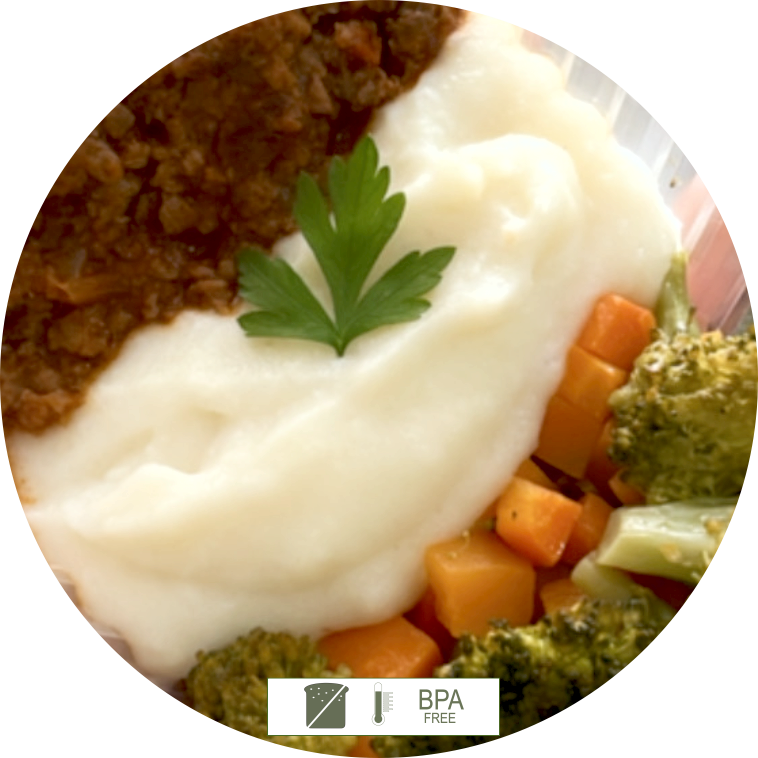 Purê de mandioca, carne moída e legume salteados na manteiga 250G
