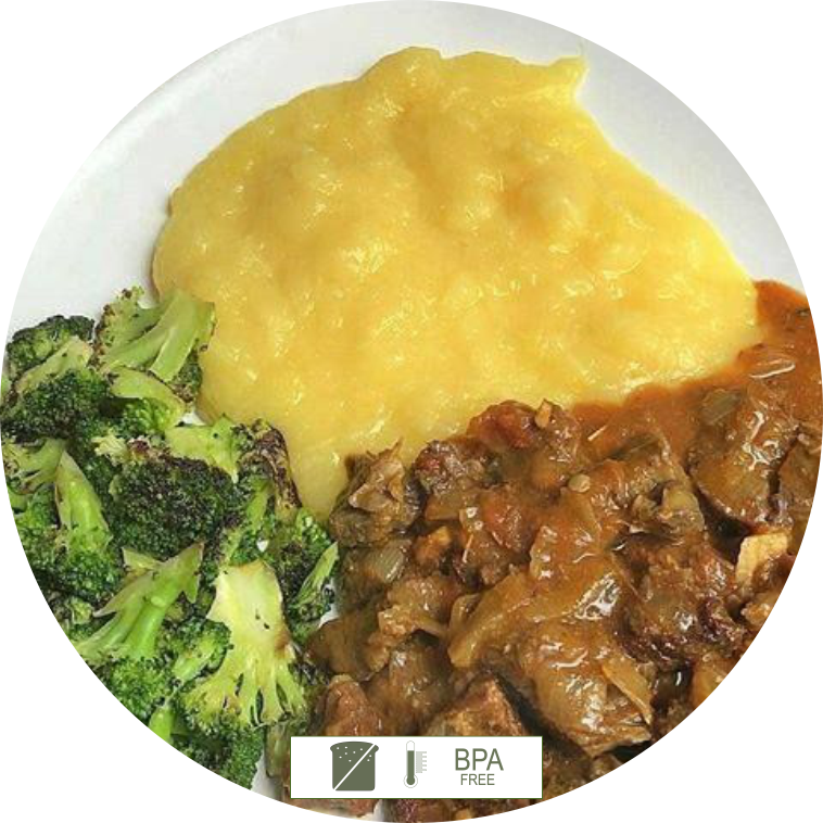 Carne de panela acompanhada de purê de abóbora e brócolis no vapor 340g I