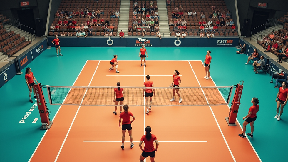 high angle view of volleyball court with players in action during a match
