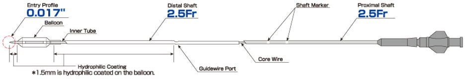 Описание продукта:    Стальной сердечник – гибкость и проходимость.  Гидрофильное покрытие проксимальной части баллона – улучшает проведение, но не дает баллону проскальзывать.  Низкий профиль.  Конусообразное сужение кончика.
