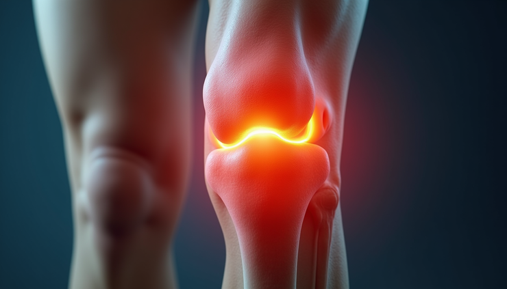 Eye-level view of swollen knee joint with inflammation