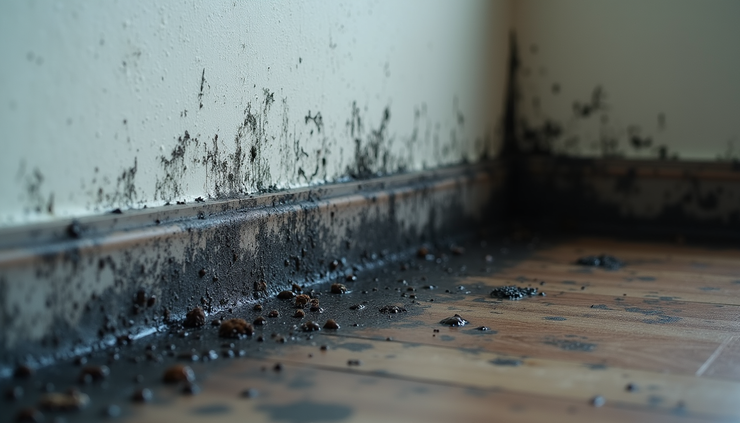 Close-up view of black mold growing on a damp wall corner