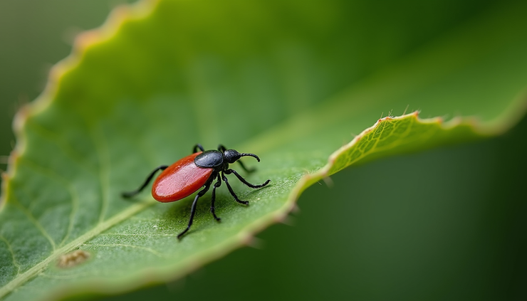 Close-up view of a deer tick on green leaf