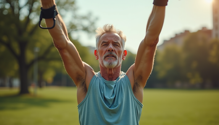 Eye-level view of a middle-aged man exercising outdoors with resistance bands