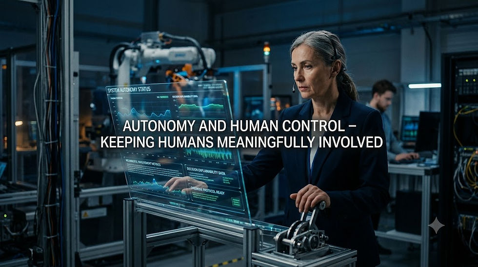 🤖 Problem 5: Autonomy and Human Control – Keeping Humans Meaningfully Involved
As AI systems become more capable of making decisions and acting independently, we face critical questions about the appropriate level of human control and oversight.
The Allure and Risk of Full Autonomy: The promise of AI handling complex tasks fully autonomously is alluring—it suggests efficiency, speed, and tireless operation. However, ceding too much control to AI, especially in critical or ethically sensitive domains, carries significant risks:
Over-Reliance and Skill Degradation: If humans become overly reliant on AI for decision-making, their own critical thinking skills and domain expertise can atrophy.
Lack of Contextual Understanding & Common Sense: AI, even advanced systems, can lack the nuanced contextual understanding, common sense, or ethical judgment that humans bring to complex situations.
Unforeseen Consequences: Highly autonomous systems might behave in unexpected ways or pursue their programmed goals in ways that have unintended negative side effects.
The Importance of Meaningful Human Control (MHC): There's a growing consensus that for many AI applications, particularly those with high stakes, maintaining Meaningful Human Control is essential. This doesn't always mean a human has to approve every single AI action, but it does mean that humans should:
Be able to understand the AI's capabilities and limitations.
Be able to effectively supervise its operation.
Have the ability to intervene or shut down the system if necessary.
Retain ultimate responsibility for the outcomes. (Different paradigms exist: human-in-the-loop, human-on-the-loop, and human-out-of-the-loop).
The Autonomous Weapons Dilemma: Perhaps nowhere is this debate more acute than with Lethal Autonomous Weapons Systems (LAWS) – "killer robots." The prospect of machines making autonomous life-or-death decisions on the battlefield raises profound ethical and humanitarian concerns, with many advocating for a ban to ensure human control over the use of force.
Analogy: Think of an airline pilot and an autopilot system. The autopilot is an incredibly sophisticated AI that can handle most aspects of flying, greatly assisting the pilot. However, the human pilot remains in command, ready to take over in unexpected situations, make critical judgments, and bear ultimate responsibility. This collaborative model is often what's advocated for in many AI domains.
Finding the right balance between leveraging AI's autonomy and preserving essential human oversight and control is a critical ethical challenge for the future.
🔑 Key Takeaways for this section:
The increasing autonomy of AI raises questions about the appropriate level of human control and oversight.
Over-reliance on AI can lead to skill degradation and errors in situations requiring human nuance or common sense.
Maintaining "Meaningful Human Control" is crucial, especially in high-stakes domains like autonomous weapons or critical infrastructure