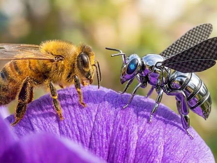 🐝 The Scene  It is spring in an almond orchard, but the air is silent. There is no buzzing. The trees are full of white blossoms, waiting for a visitor that never comes. A farmer stands looking at his trees. He knows that without pollination, these flowers will simply fall off. No almonds, no cherries, no apples.  Then, he opens a small metallic case. A swarm of mechanical insects, the size of paperclips, lifts into the air with a high-pitched electric hum. They have delicate carbon-fiber wings and tiny brushes on their legs. They fly to the flowers, guided by AI, doing the job the vanished bees used to do for free.